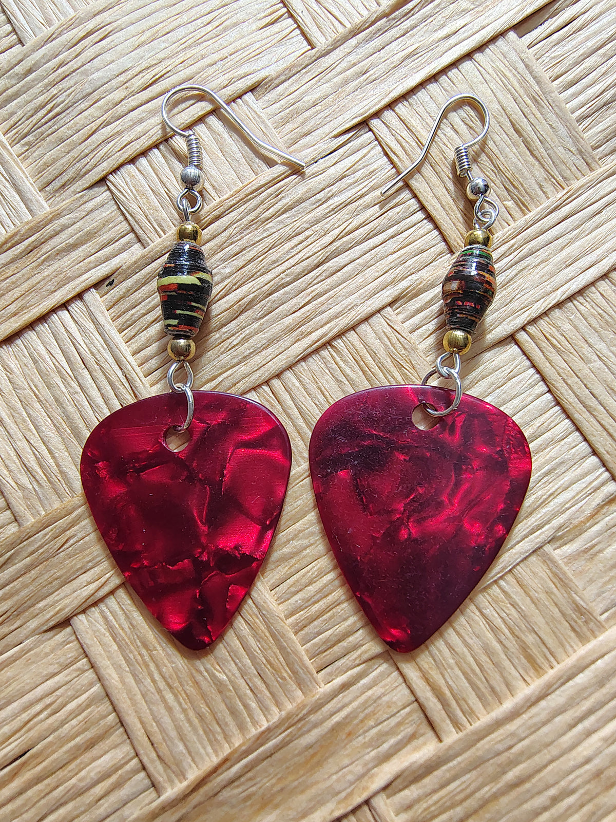 Crimson Paper Bead Guitar Pick Earrings